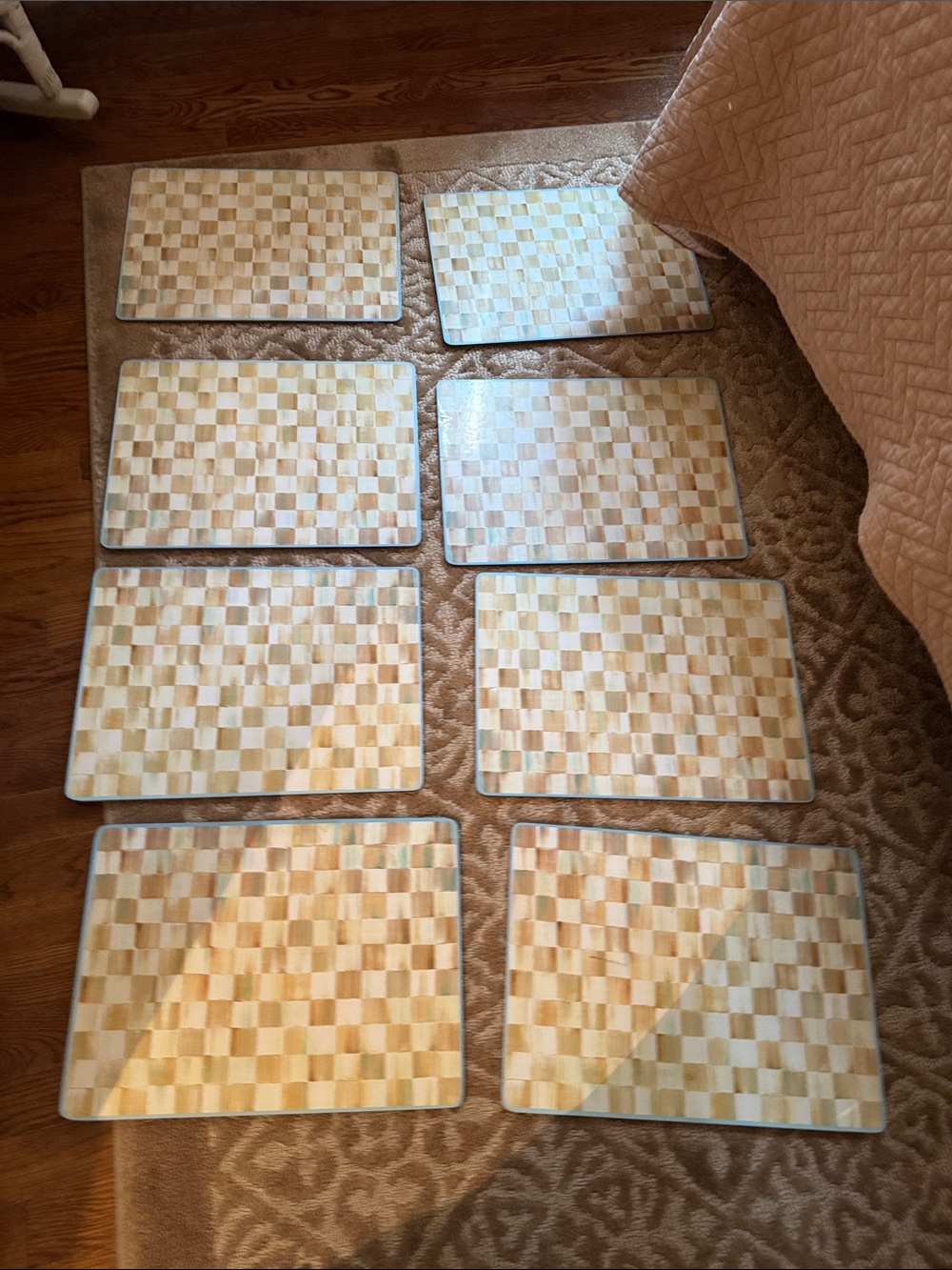 Mackenzie Childs place mats in white and yellow  Checkered Design. Set of 8